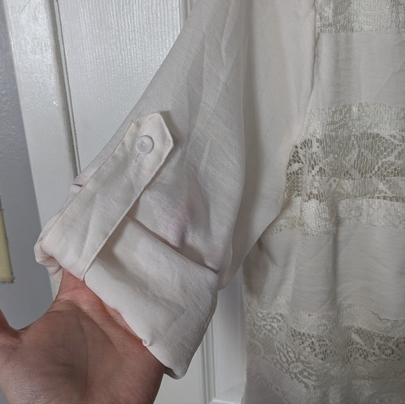 BCBGMaxazria Erid Gardenia White Lace Eyelet Striped Roll Tab Tunic Blouse Small - Picture 5 of 8